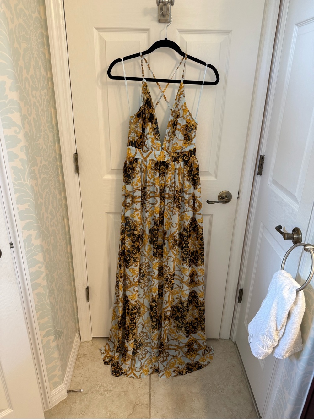 Baroque Print Crisscross Maxi Dress in Yellow and Black